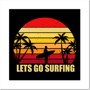 Logo mit Sonnenuntergang und Surfboard Posters and Art